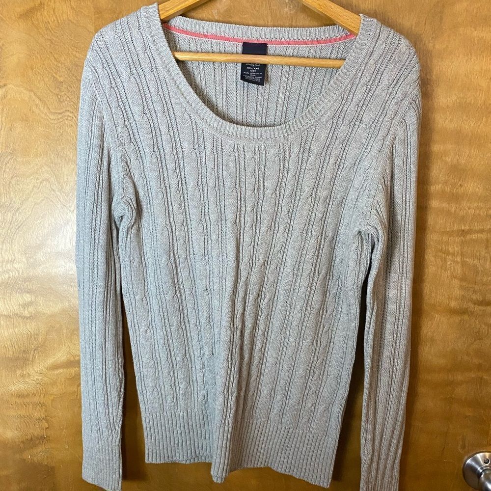 FADED Glory light grey heather‎ cable knit cotton long sleeve scoop neck sweater